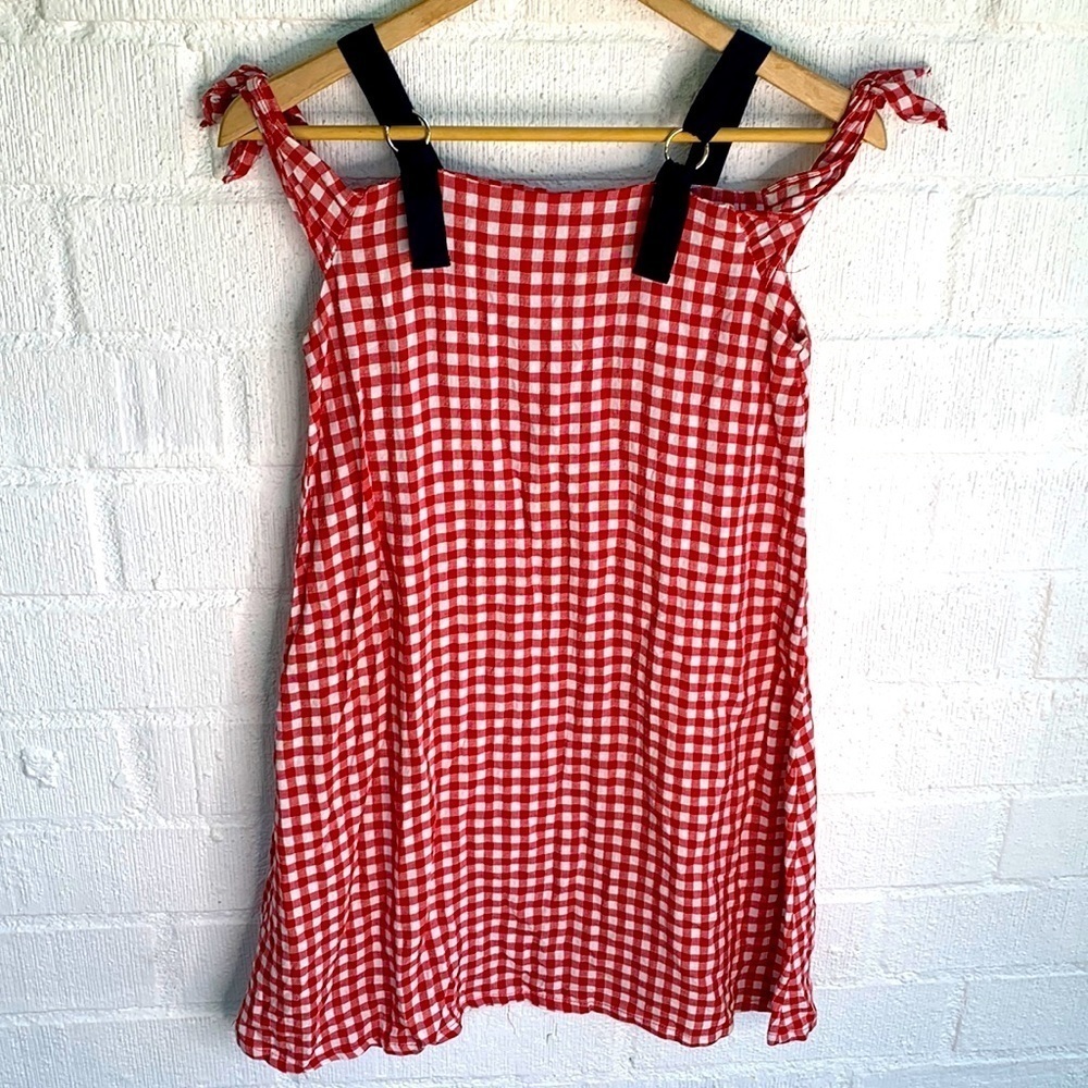 Zara Gingham Linen Red Cold Shoulder Dress sz 13/14